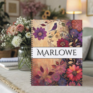Bold Vintage Floral Bird Folk Art Notebook