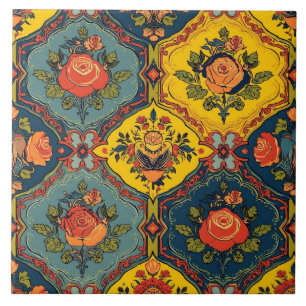 Bold Vintage Rose Art Nouveau Floral Ceramic Tile