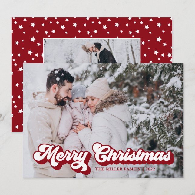 Bold Vintage script Merry Christmas 2 Photo Red Holiday Card (Front/Back)