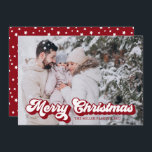 Bold Vintage script Merry Christmas 2 Photo Red Holiday Card<br><div class="desc">A full card photo on front and a small photo on back Holiday Card with a Vintage "Merry Christmas" overlay text and your name.</div>