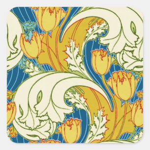 Bold Vintage Tulip Blue Gold Green Floral Pattern Square Sticker
