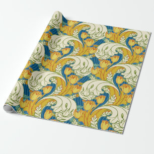 Bold Vintage Tulip Blue Gold Green Floral Pattern Wrapping Paper