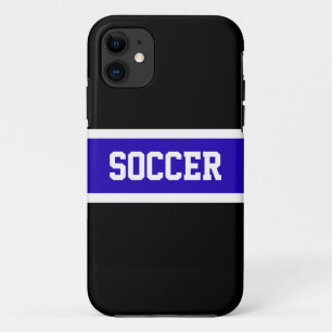 Bold Vivid Blue Black White Stripes "SOCCER" Text iPhone 11 Case