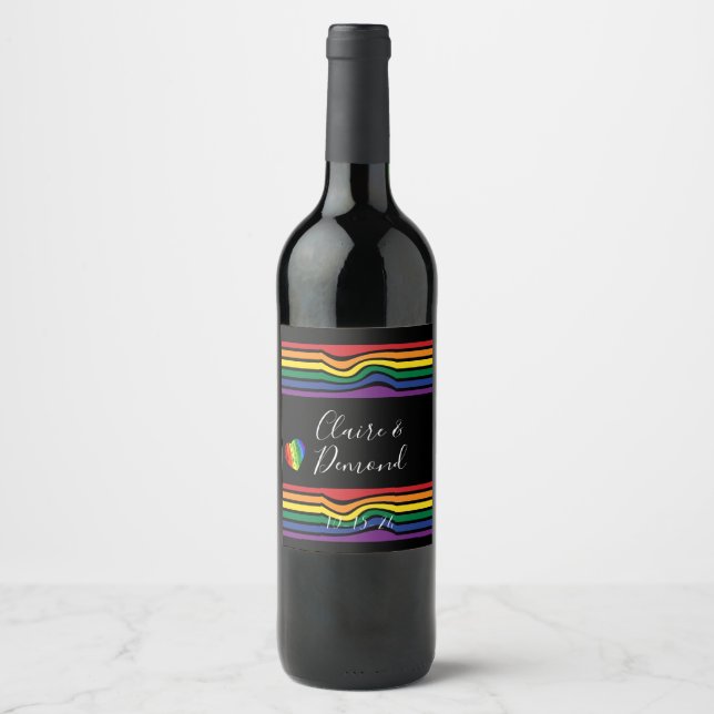 Bold warped Rainbow Retro stripe with heart Wine Label (Front)
