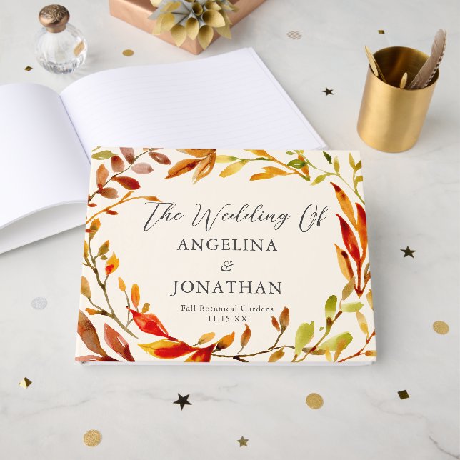 Bold Watercolor Autumn Leaves Cream Custom Wedding Guest Book (Front Open)