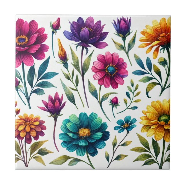 Bold Watercolor Floral  Ceramic Tile (Front)