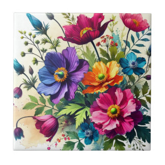 Bold Watercolor Floral Ceramic Tile