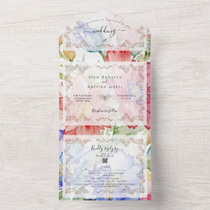 Bold Watercolor Floral  Colourful Trifold All In One Invitation