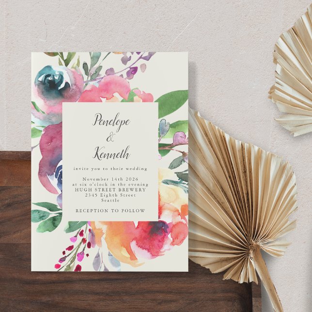 Bold Watercolor Floral Elegant Script Wedding Invitation (Creator Uploaded)