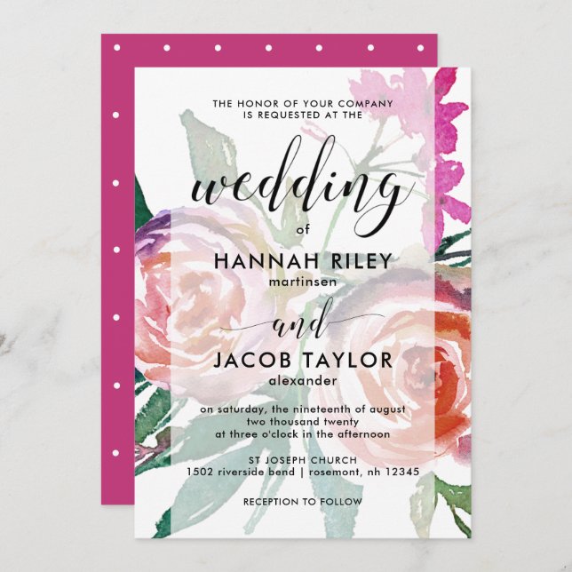 Bold Watercolor Floral with Overlay Wedding Invitation (Front/Back)