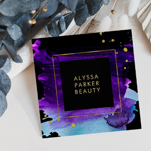 Bold Watercolor Splash with Faux Gold Look Accents Square Business Card