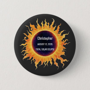 Bold Watercolor Total Solar Eclipse 2026 Name 6 Cm Round Badge