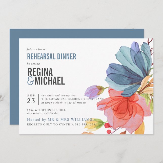 Bold Watercolor Wildflowers Blue Rehearsal Dinner Invitation (Front/Back)
