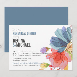 Bold Watercolor Wildflowers Blue Rehearsal Dinner Invitation