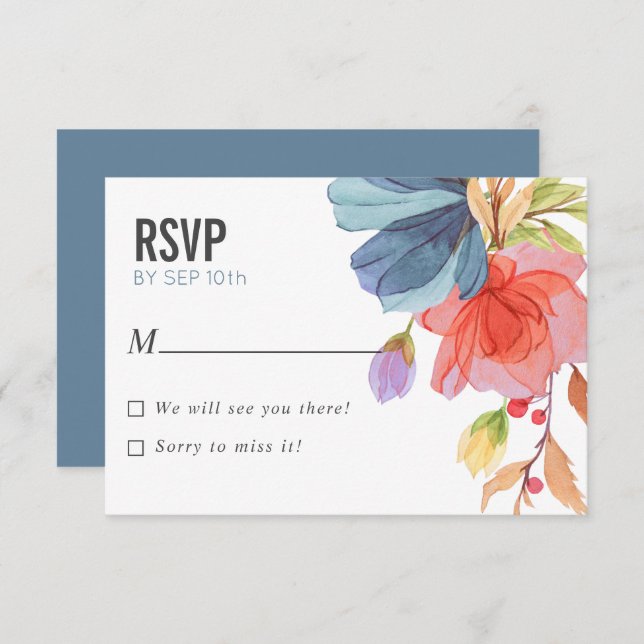 Bold Watercolor Wildflowers Blue wedding RSVP Invitation (Front/Back)
