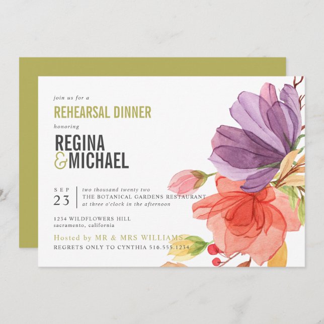 Bold Watercolor Wildflowers Green Rehearsal Dinner Invitation (Front/Back)