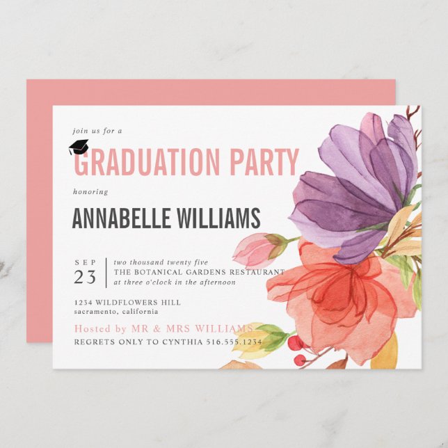 Bold Watercolor Wildflowers Pink Graduation Party Invitation (Front/Back)