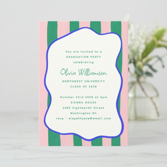 Bold Wavy Border Pink Green Graduation Celebration Invitation (Standing Front)