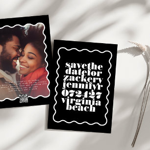 Bold Wavy Frame Black White QR Code Photo Save The Date