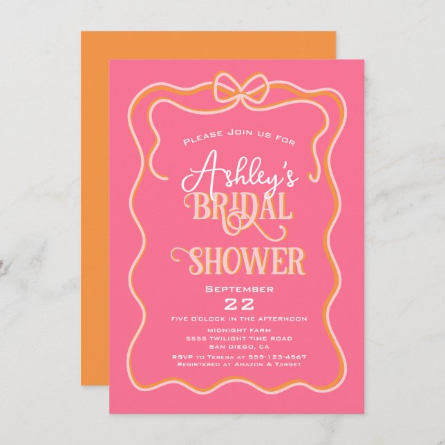 Bold Wavy Frame Bow Pink Orange Bridal Shower Invitation (Front/Back)