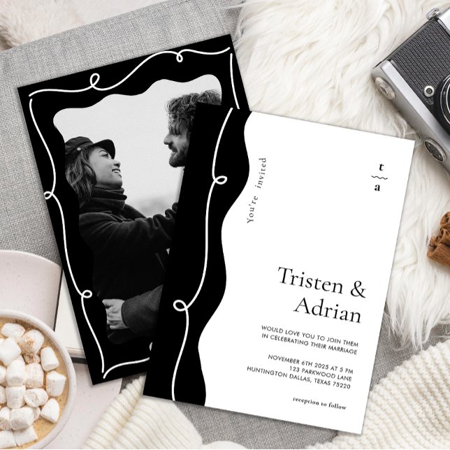 Bold Wavy Side Frame Squiggle Modern Wedding Invitation (Creator Uploaded)