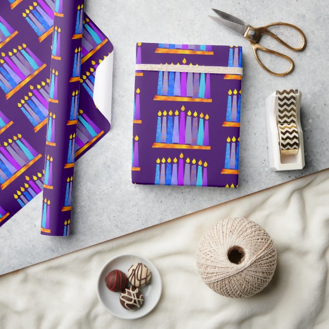 Bold Whimsical Hanukkah Menorah Candles on Purple Wrapping Paper (Crafts)