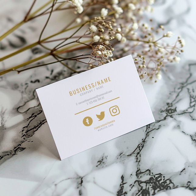 Bold white and gold, social media modern business card (White business card with gold text, minimalist contact details, and social media icons.)