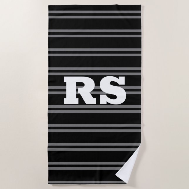 Bold White Monogram, Grey Lines on Black Beach Towel (Front)