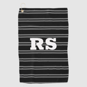 Bold White Monogram, Grey Lines on Black Golf Towel
