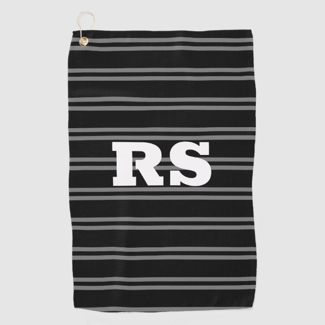 Bold White Monogram, Grey Lines on Black Golf Towel (Front)