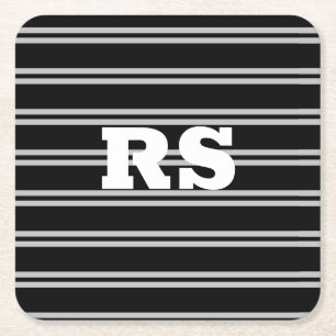 Bold White Monogram, Lt Grey Lines on Black Square Paper Coaster
