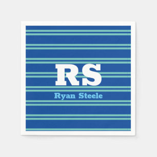 Bold White Monogram, Lt. Teal Lines on Deep Blue Napkin