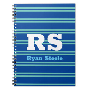 Bold White Monogram, Lt. Teal Lines on Deep Blue Notebook