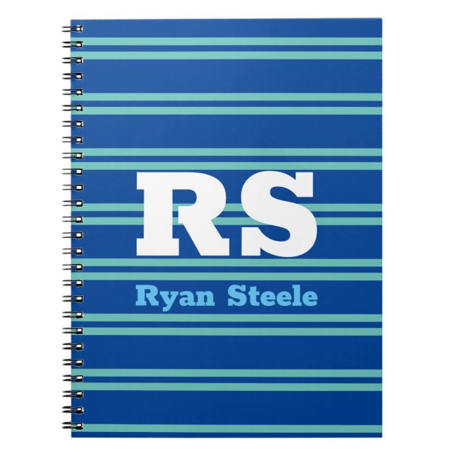 Bold White Monogram, Lt. Teal Lines on Deep Blue Notebook (Front)