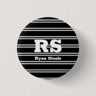 Bold White Monogram & Name, Lt Grey Lines on Black 3 Cm Round Badge