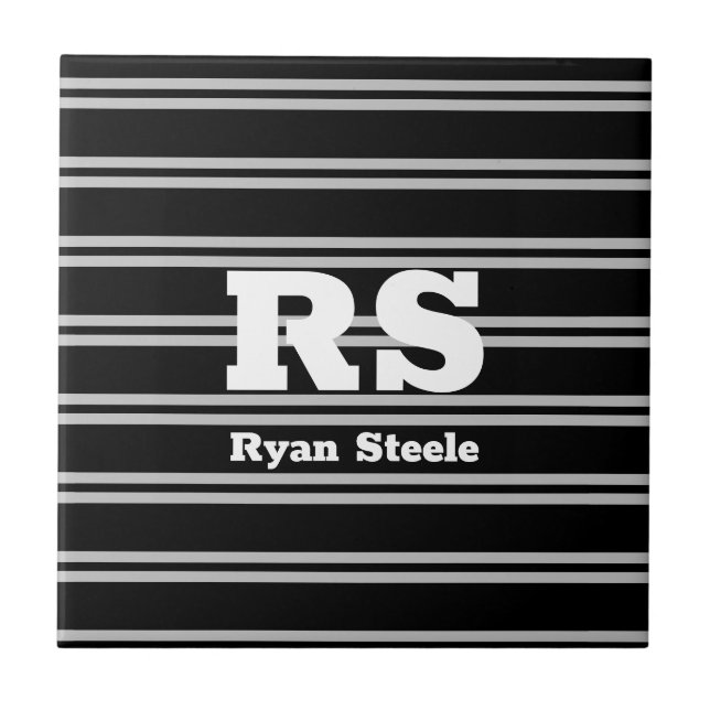 Bold White Monogram & Name, Lt Grey Lines on Black Ceramic Tile (Front)