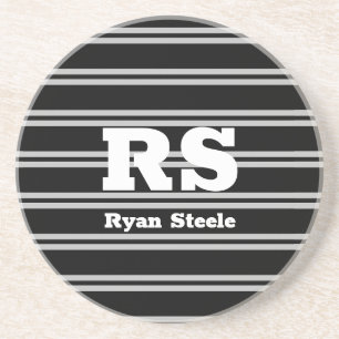 Bold White Monogram & Name, Lt Grey Lines on Black Coaster