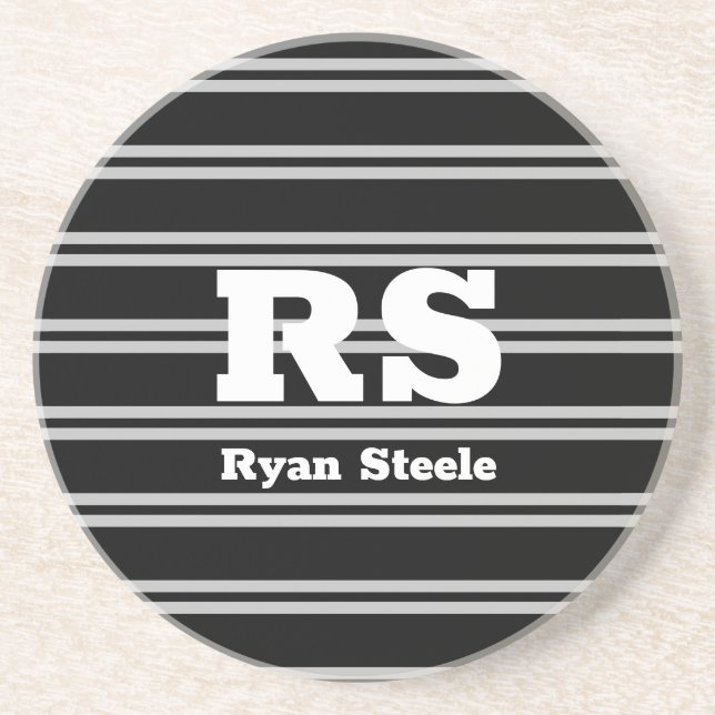 Bold White Monogram & Name, Lt Grey Lines on Black Coaster (Front)