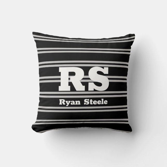 Bold White Monogram & Name, Lt Grey Lines on Black Cushion (Front)