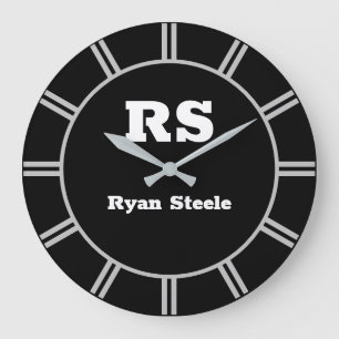 Bold White Monogram & Name, Lt Grey Lines on Black Large Clock