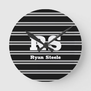 Bold White Monogram & Name, Lt Grey Lines on Black Round Clock