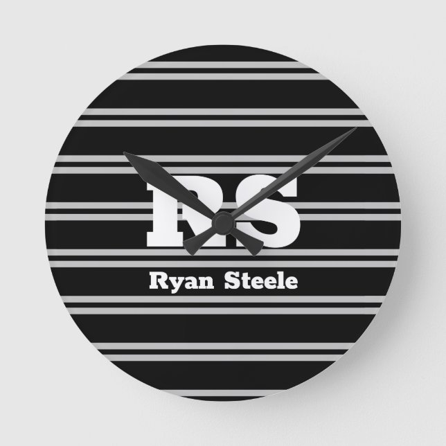 Bold White Monogram & Name, Lt Grey Lines on Black Round Clock (Front)