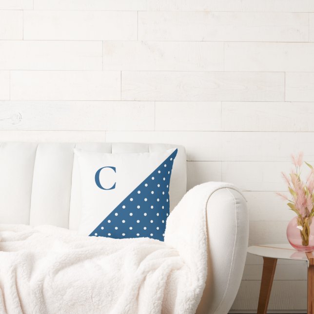 Bold White on Blue Polka Dot Pattern Monogram Cushion (Couch)