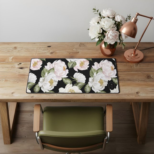 Bold White & Pink Peony Floral Pattern Monogram Desk Mat (Bold White & Pink Peony Floral Pattern Monogram Desk Mat)