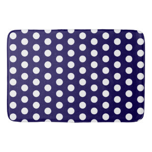 Bold White Polka Dots on Navy Blue  Bath Mat