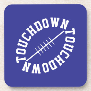 Bold White Slant Football TOUCHDOWN On Deep Blue Coaster