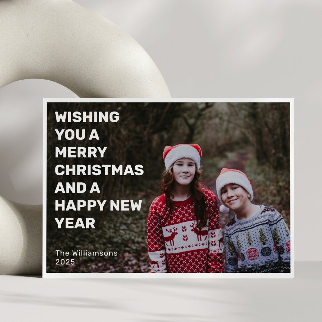 Bold White Text Overlay Two Photo Merry Christmas Holiday Card (Creator Uploaded)