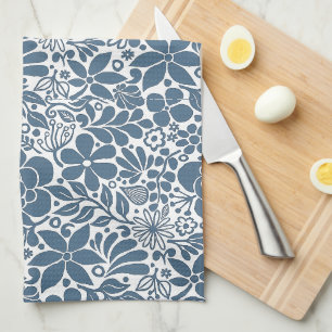 Bold Wild Flowers & Leaves Garden L blue Tea Towel