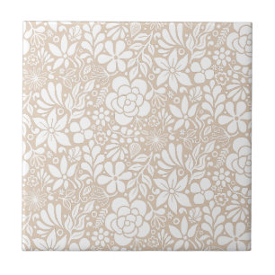Bold Wild Flowers & Leaves Garden L white Ceramic Tile