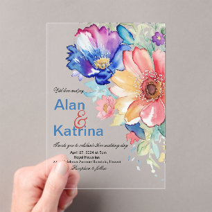 Bold Wildflower Garden Blue Pink Peach Floral Acrylic Invitations